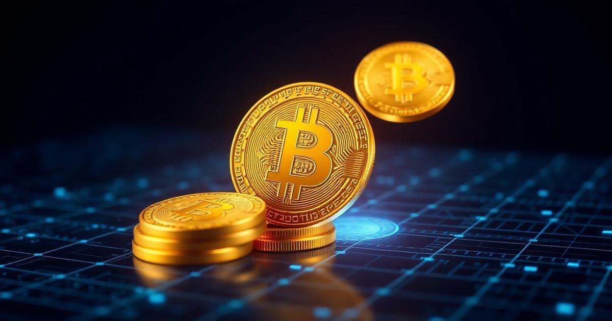 Trading de criptomonedas: monedas doradas de bitcoin sobre una malla digital azul