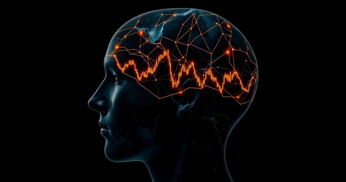 Psicología del trading: perfil humano con un gráfico de velas luminoso en la mente