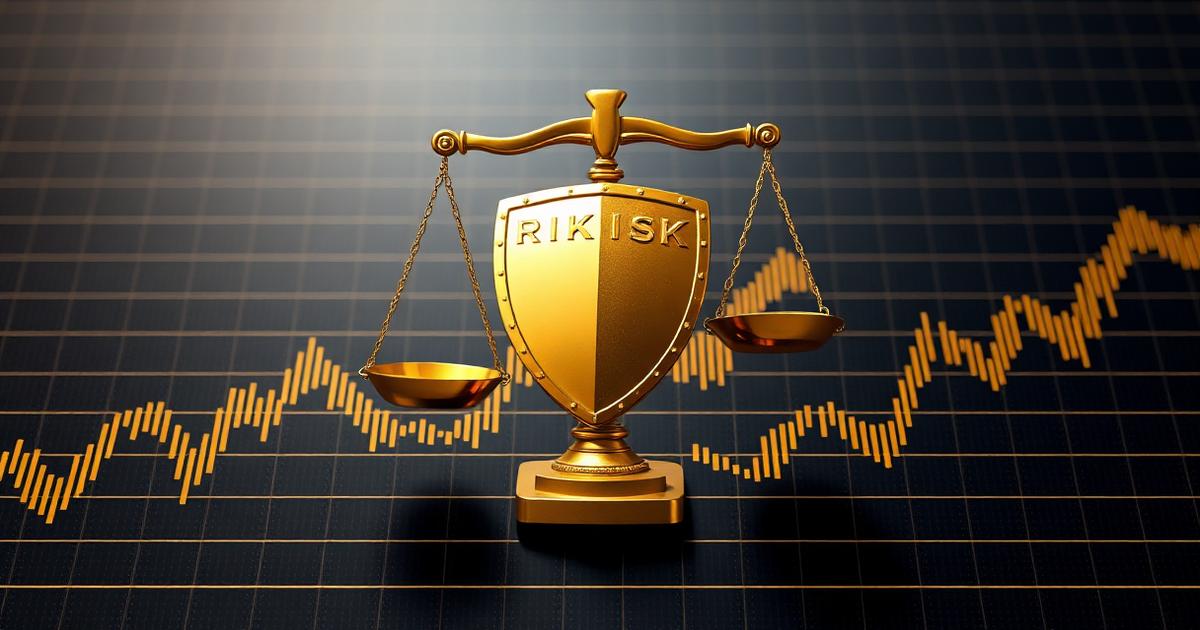 Gestión del riesgo en trading: balanza dorada y escudo sobre un gráfico financiero