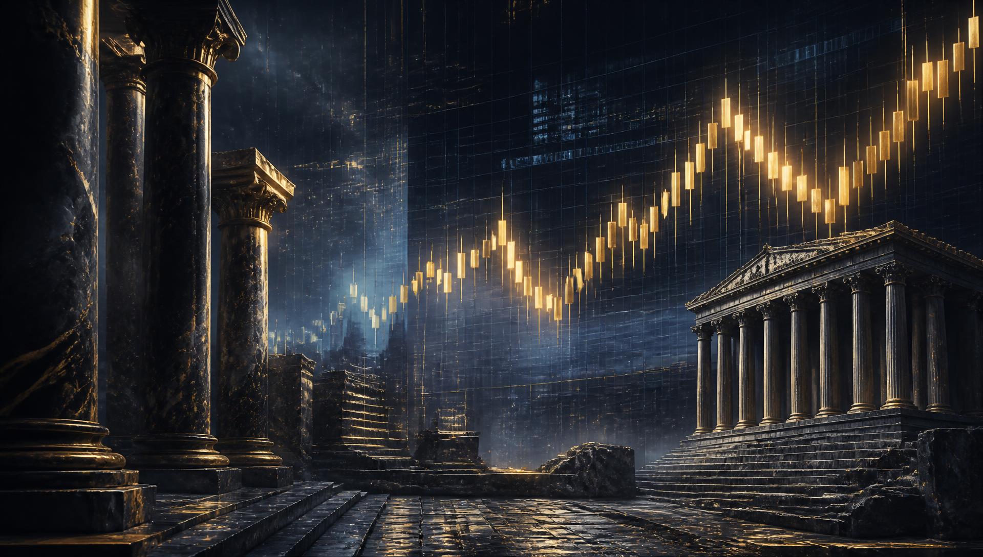 Foro romano futurista con gráficos de trading dorados, imagen conceptual del análisis de RORMarkets